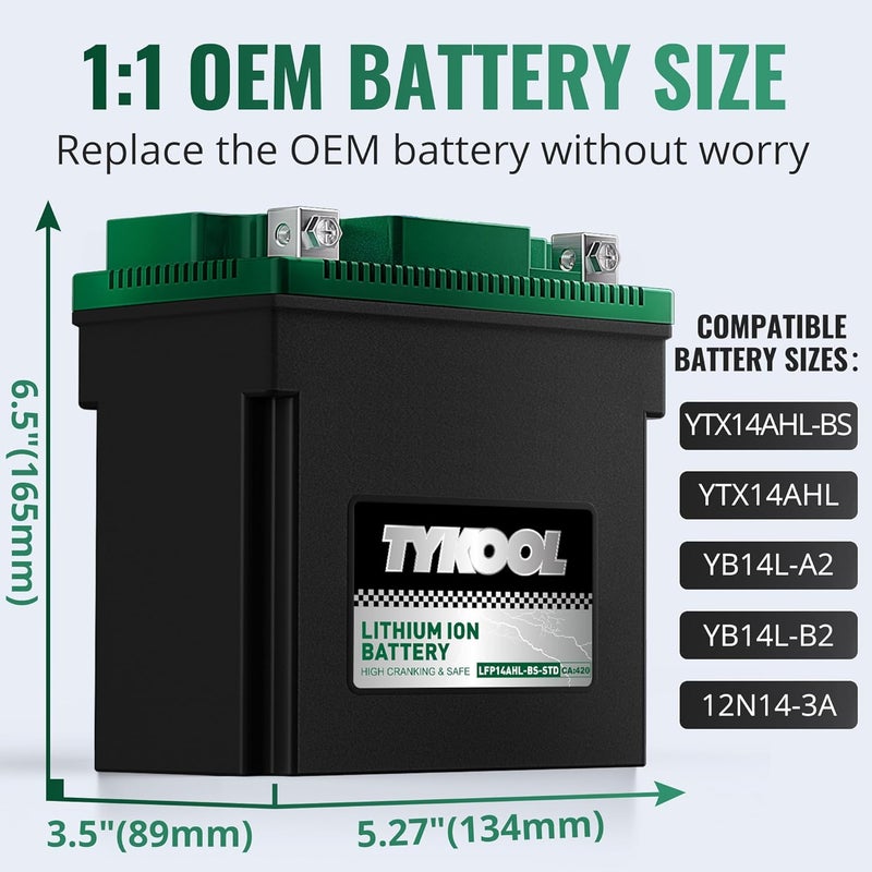 TYKOOL YTX14AHL-BS-STD LiFePO4 Lithium Motorcycle Battery,12.8V 7Ah,420CCA,Digital Readout,Powersports Battery, Fits for Motorcycle,ATV,Snowmobile,PWC. 2X Cranking Amps,5X Longer Life.Fast Charging - Image 2